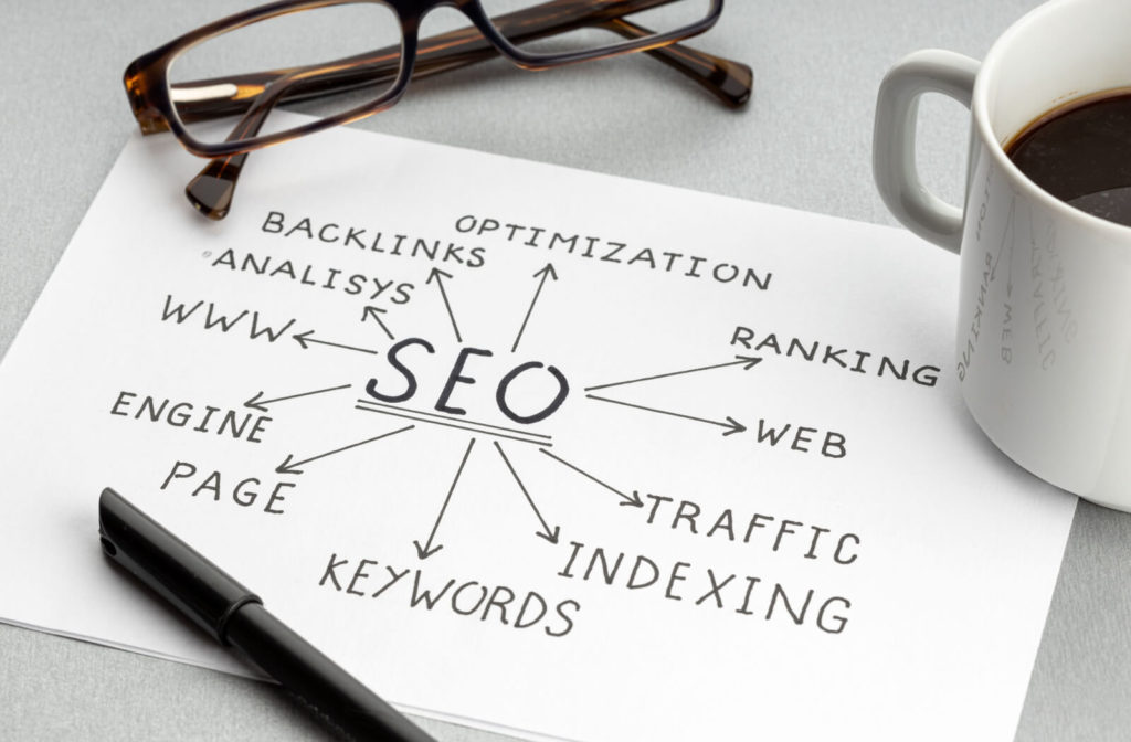 Search engine optimization. A text word is written on a white paper.