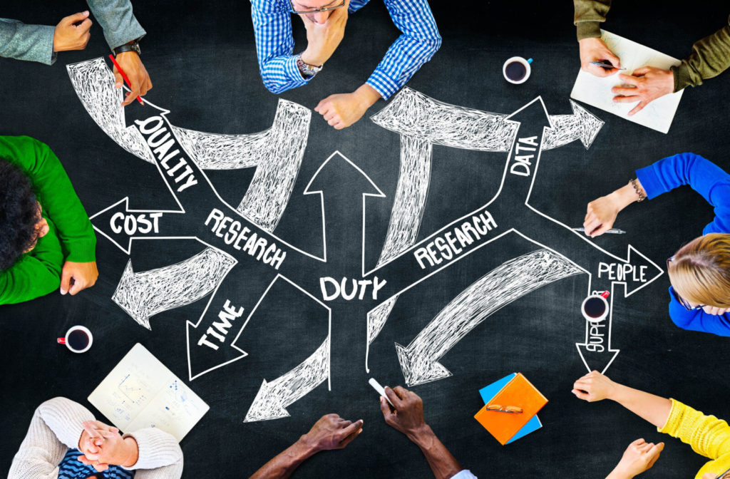 A group of employees gathered around a table with an illustration of roles and responsibilities written on a table designated to each employee.