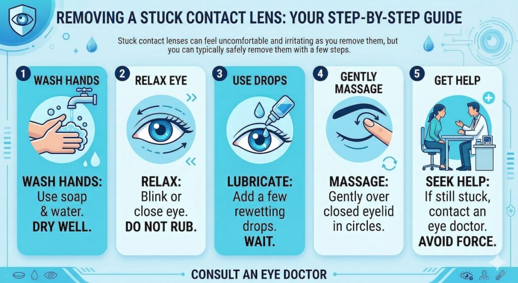 An infographic step-by-step guide of how to remove a stuck contact lens.
