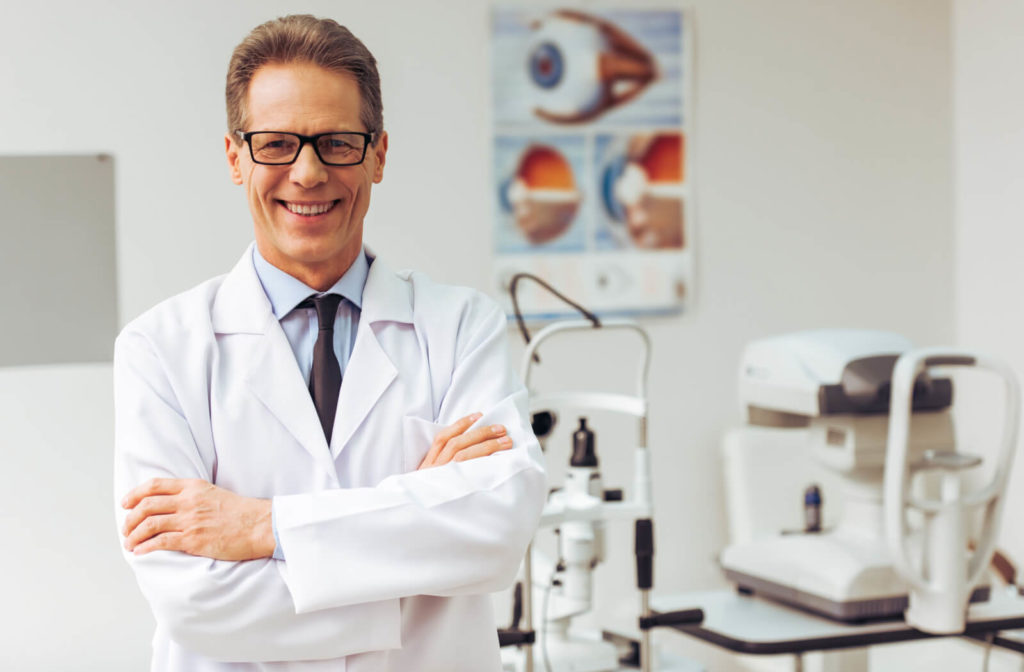 A male optometrist in a clinic, crossing his arms and smiling while looking directly at the camera.