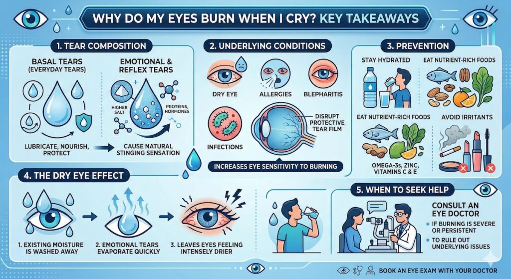 An infographic outlining why eyes burn from crying including tear composition and underlying conditions, prevention methods, and when to see an eye doctor