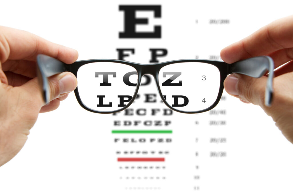 A pair of glasses being help out in front of a Snellen chart eye test.