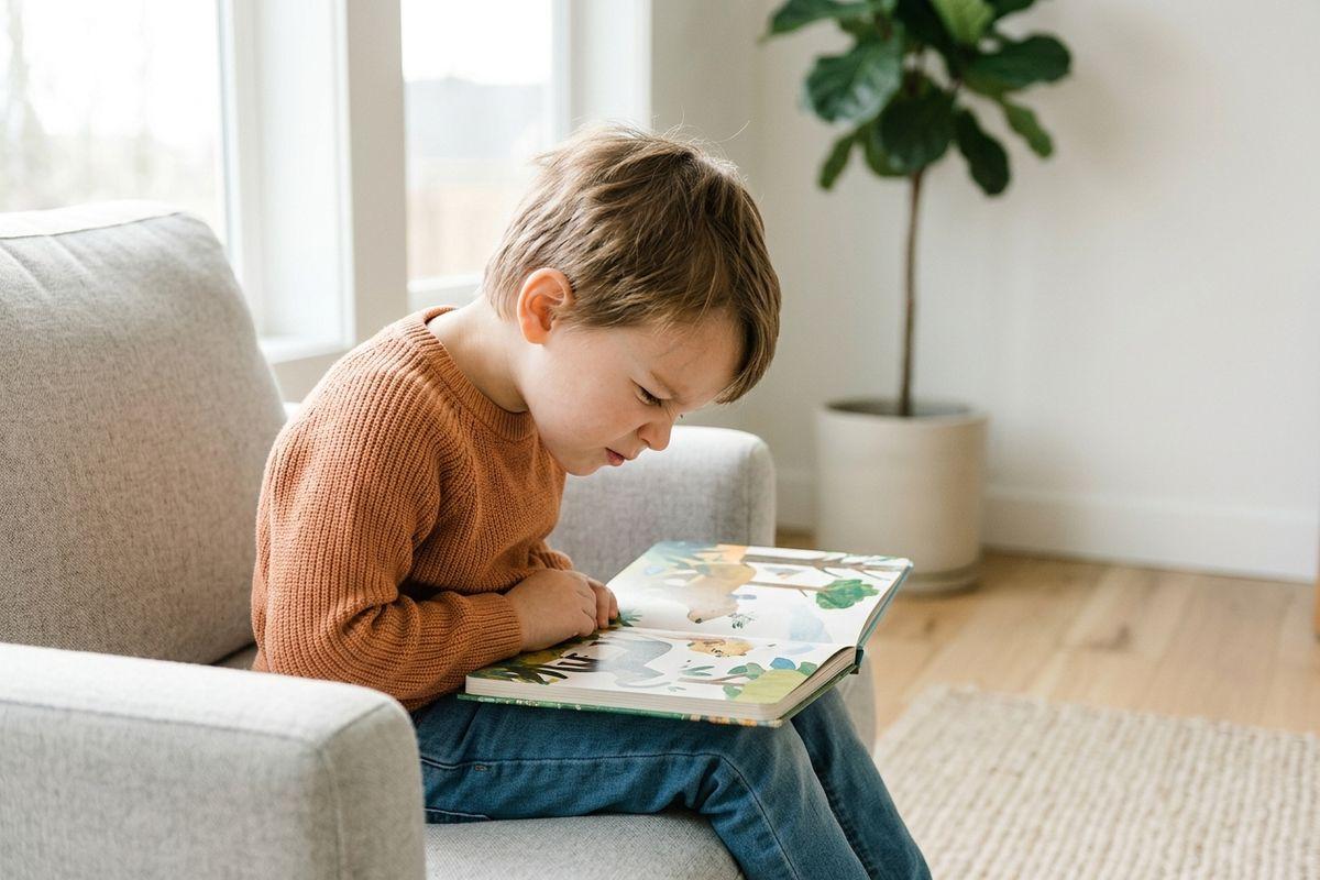 Child in an orange sweater sits on a gray armchair, focused on reading an illustrated book resting on their lap.