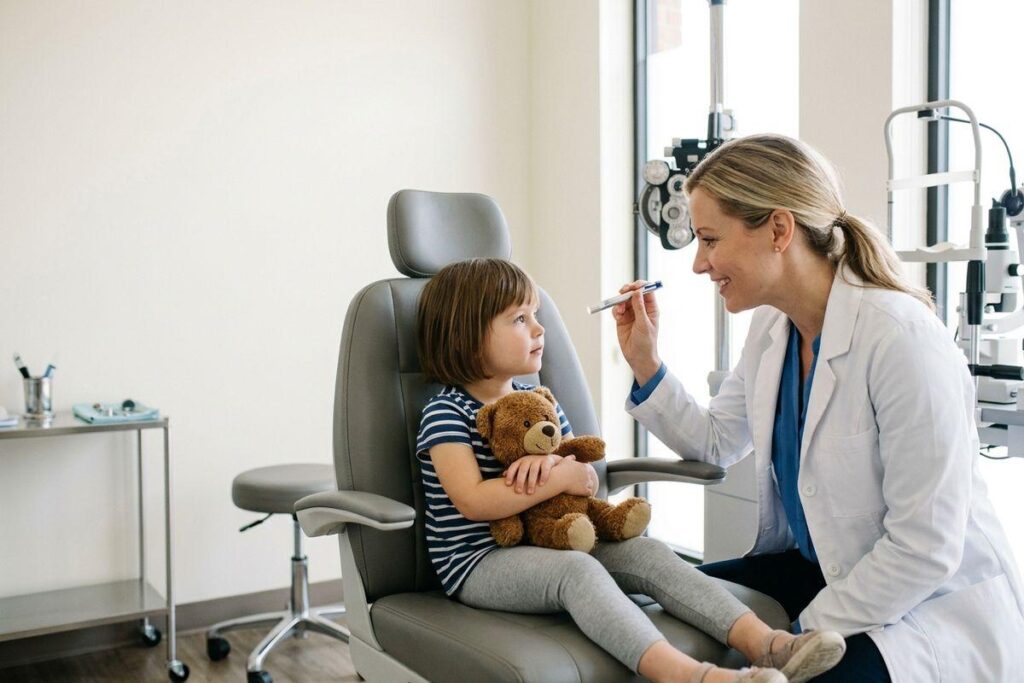 Optometrist smiling and holding a pen light to a child holding a teddy bear in an exam chair.