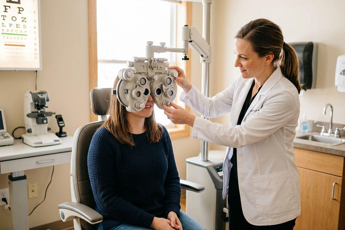 Optometrist adjusts a phoropter for a patient seated in an exam chair, eye chart on the wall behind.