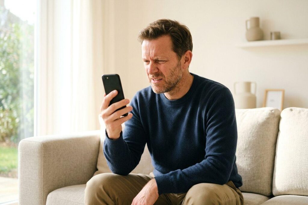 Person on a sofa squinting at a smartphone held close to their face.