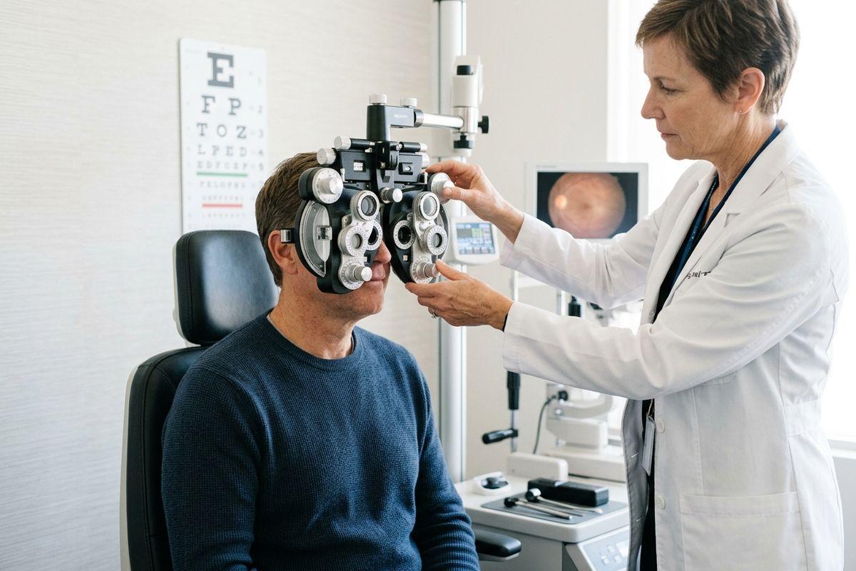 Optometrist adjusts a phoropter for a seated patient during an eye exam, with an eye chart on the wall.