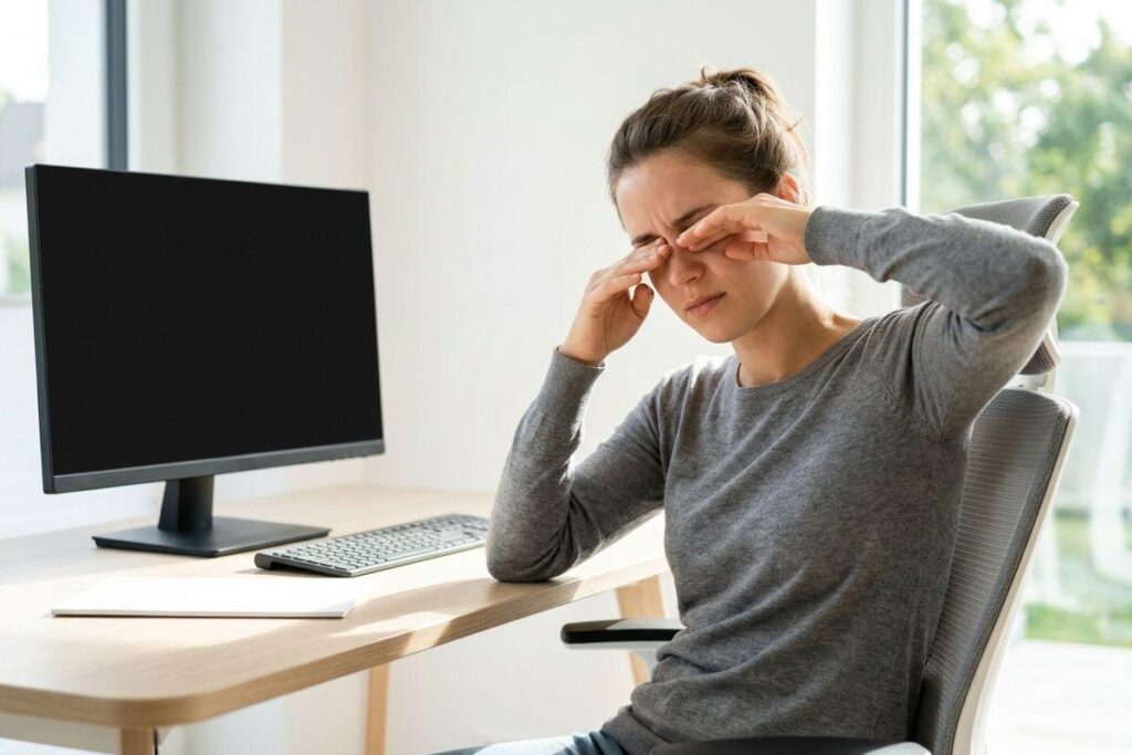 Person rubbing their eyes while sitting at a desk with a computer monitor and keyboard near a window.